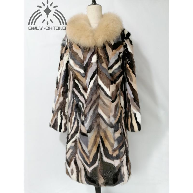 

women's fur & faux genuine real natural mink coat with collar x-long mulit-color colorful jacket ladies overcoat warm winter, Black