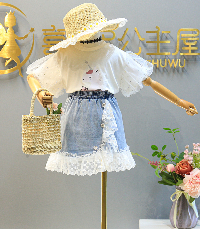 

Retail/wholesale girl fashion Clothing Sets 2pcs set tracksuit Puff Sleeve top+lace Patchwork denim skirts girls outfits children Designers Clothes, White