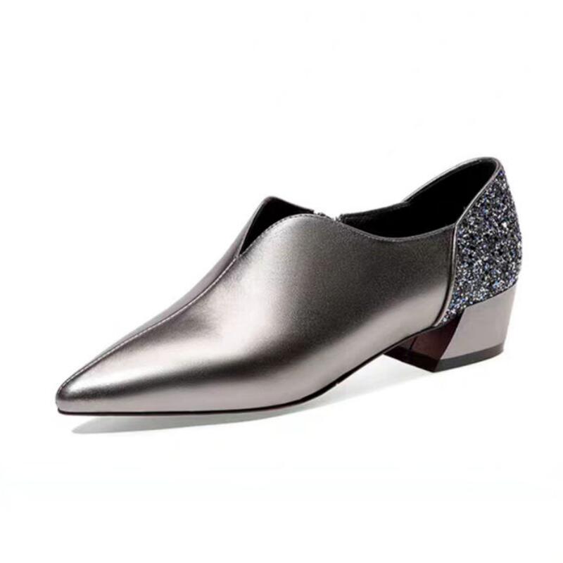 

Spring Shoe Woman Mid Heels Women Pumps Pointed toe Thick Heel Female Single Shoes Sequince Soft PU LEATHER Black Silver