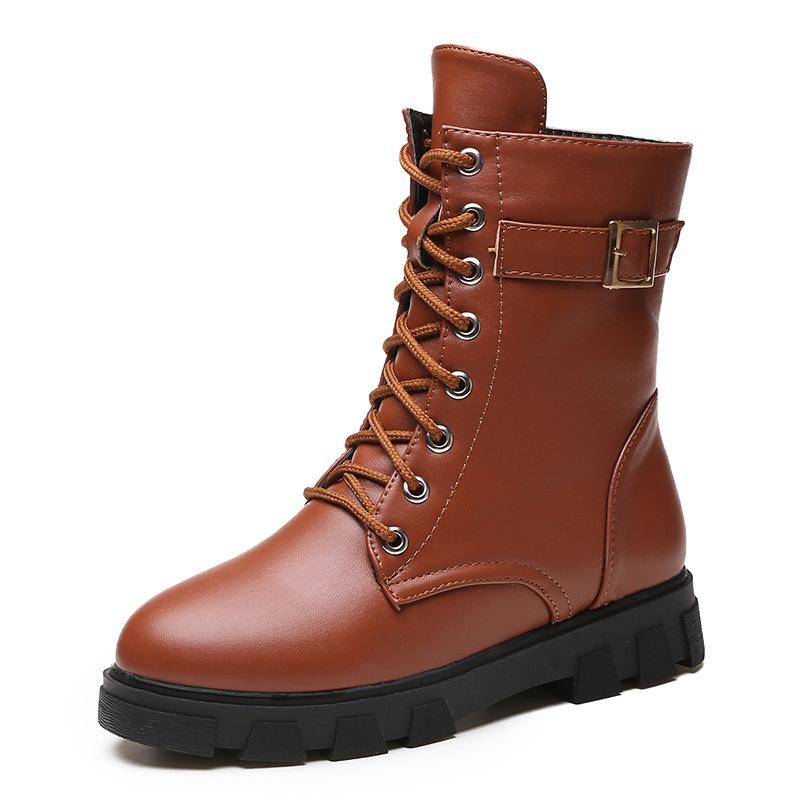 

Boots Autumn British Thick Sole Lace Up Buckle Leather Motorcycle Winter Ladies Shoes Woman Warm Plush Female, Chocolate
