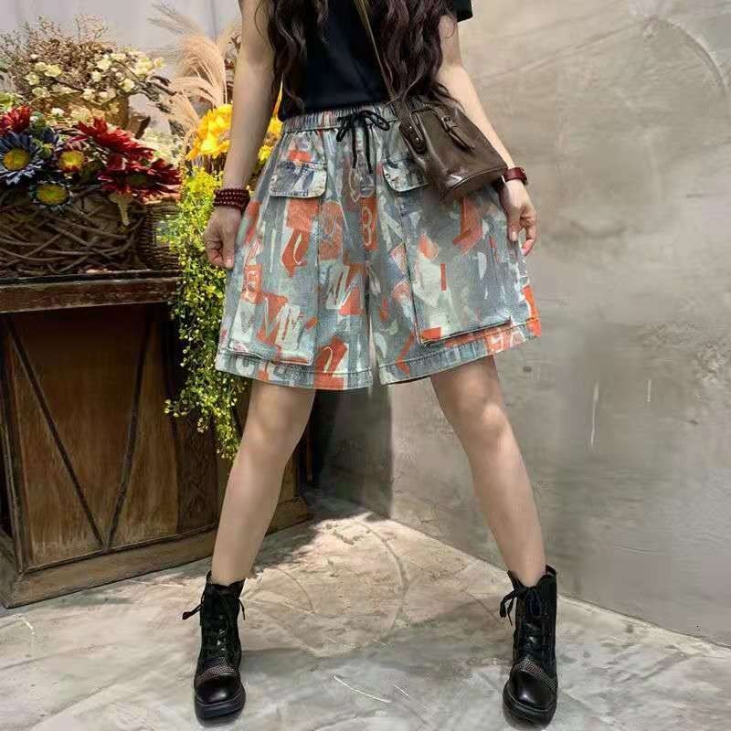 

Women's Jeans Arrival Summer Women Loose Casual Elastic Waist Wide Leg Pants All-matched Vintga Print Cotton Denim Knee Length W31, 02