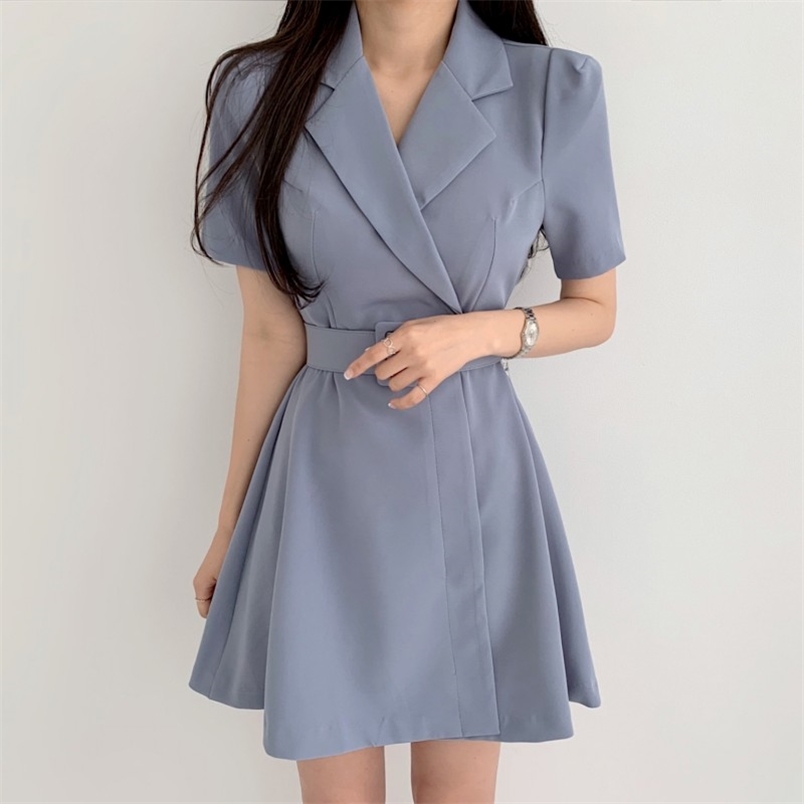 

Elegant Notched Collar Blazer Mini Dress With Sashes Summer Ladies Short Sleeve A-Line Party Dresses Female 210519, Photo color