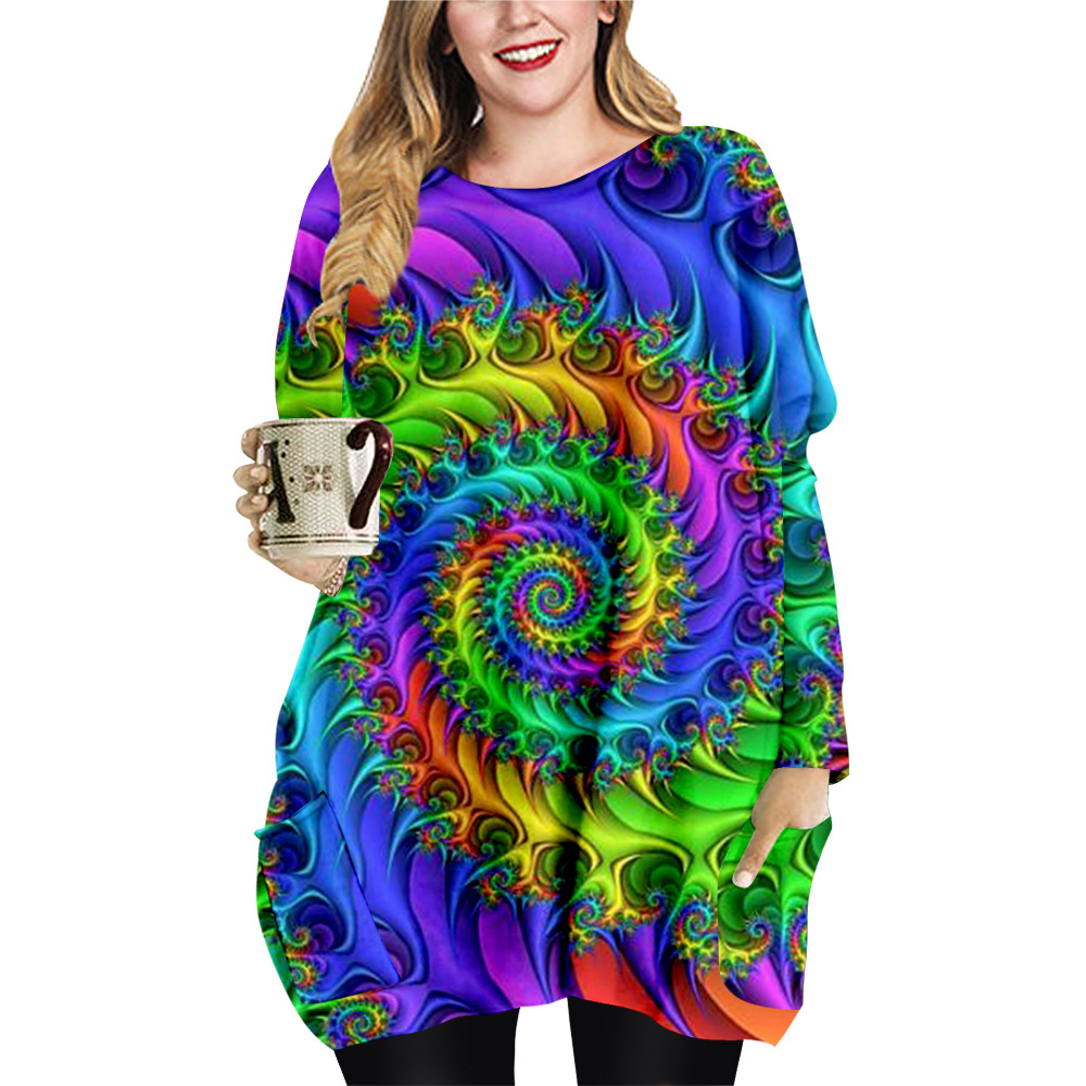 

Spring and autumn rainbow vertigo aperture stitching pattern long pocket T-shirt plus size female element round neck dress, Black;gray