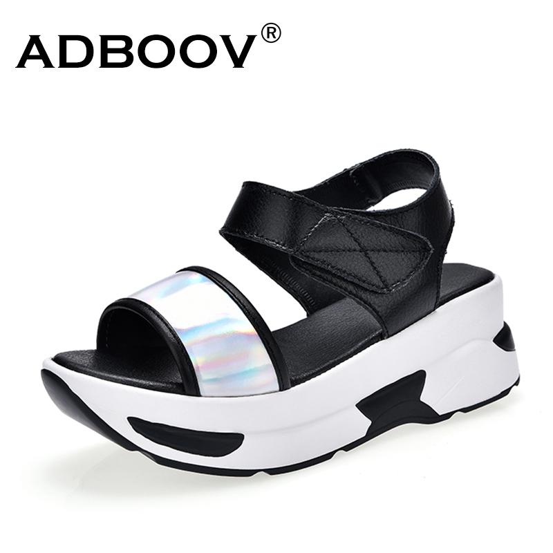 

Genuine Leather Wedge Sandals Women Hook Loop Platform Summer Casual Shoes, Black
