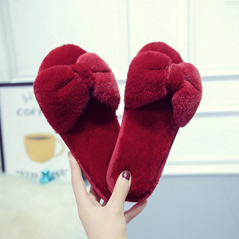 

Slippers Women's Winter Home Cotton Shoes Furry Cute Beautiful Bowknot Indoor Comfort Female Warm Non-Slip, Gray