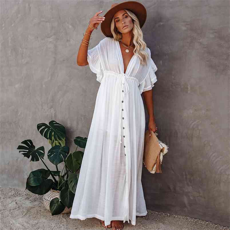 

Sexy Deep V Backless Cover-ups Long White Ruched Tunic Dress Casual Summer Ruffle Sleeve Beach Woman Button Cover Up 210604, Army green