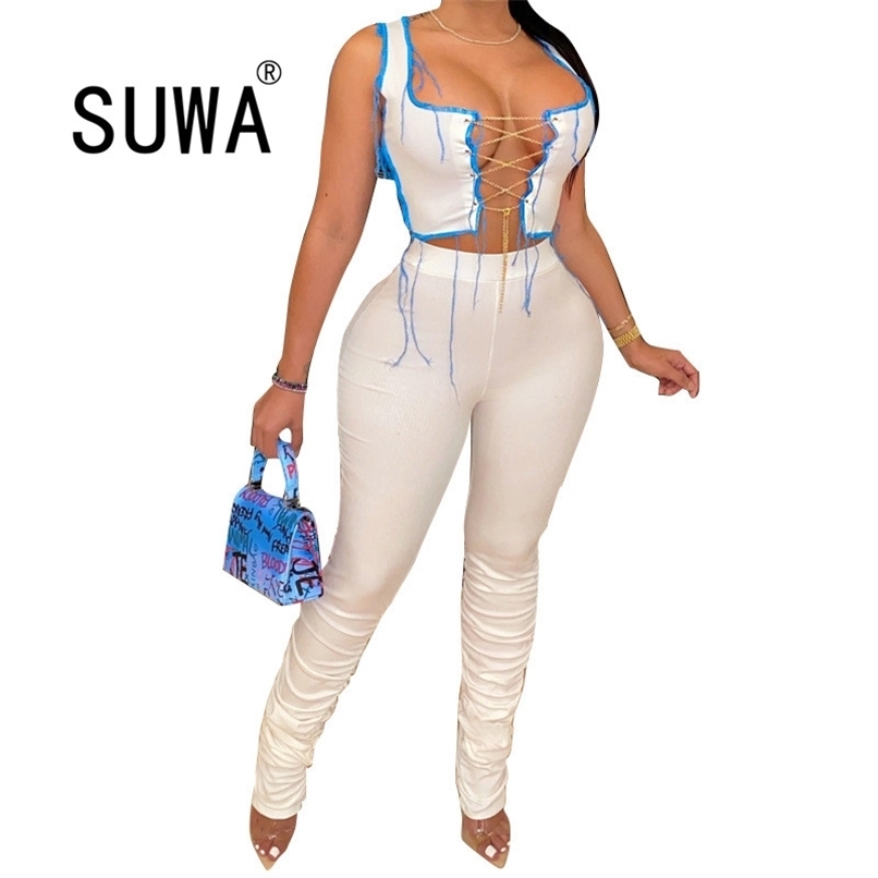 

Sleeveless Cut Out Bandage Patchwork Sexy Crop Top Stacked Leggings 2 Piece Set Autumn Winter Women Tracksuit Wholesale 210525, White