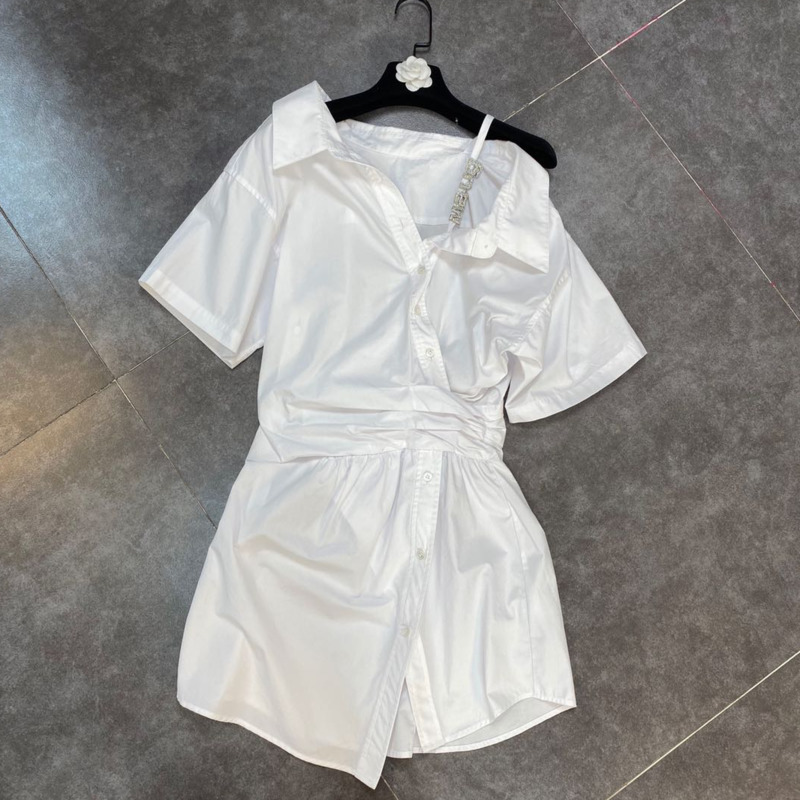 

Spring Summer Fashion Casua Lapel Off Shoulder Short Sleeve Loose Diamond Letter Shirt Dress Women SJ974 210525, White