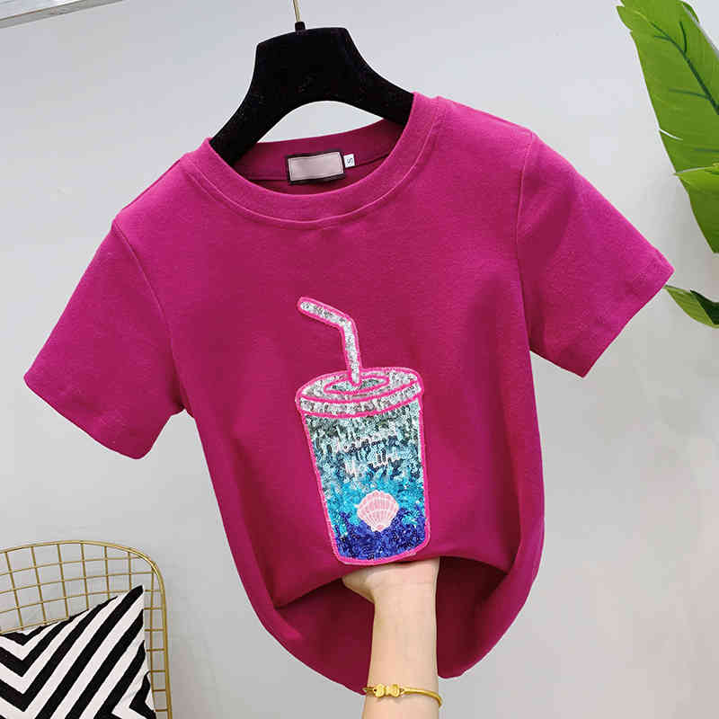 

Sequins Cartoon Cup Appliques Short Sleeve Cotton Tshirt Women Summer Women's Top Korean Fashion Tee Shirt Femme 210525, Fuchsia