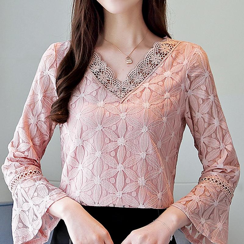 

Women' Blouses & Shirts Fashion Women Clothing Spring 2021 Pink Lace Blouse Shirt Flare Sleeve Elegant Womens Tops And A708