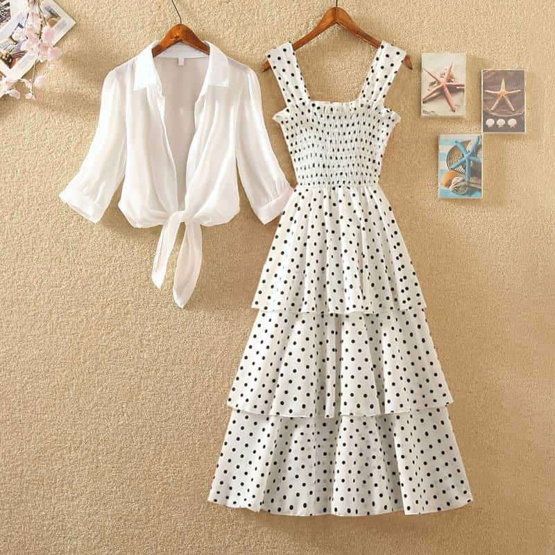 

Single piece/set summer wave point high waist sling cake skirt female fashion dress suit cool elegant beach suits 210526, Top white dress