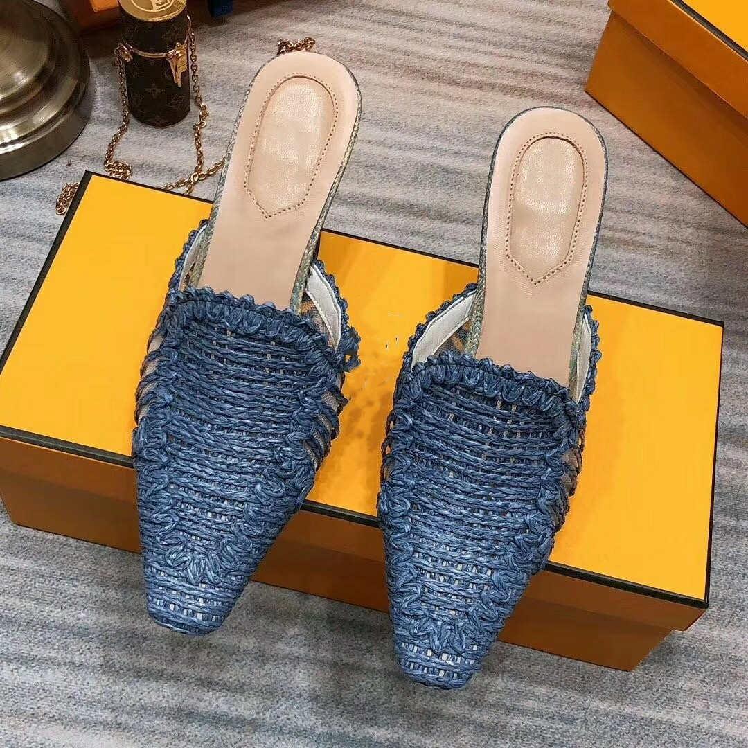 

2021 women's Straw Slippers Luxury designer slides pointed toe shallow mouth retro street Muller shoes woven half-drag high heels sprin, Black