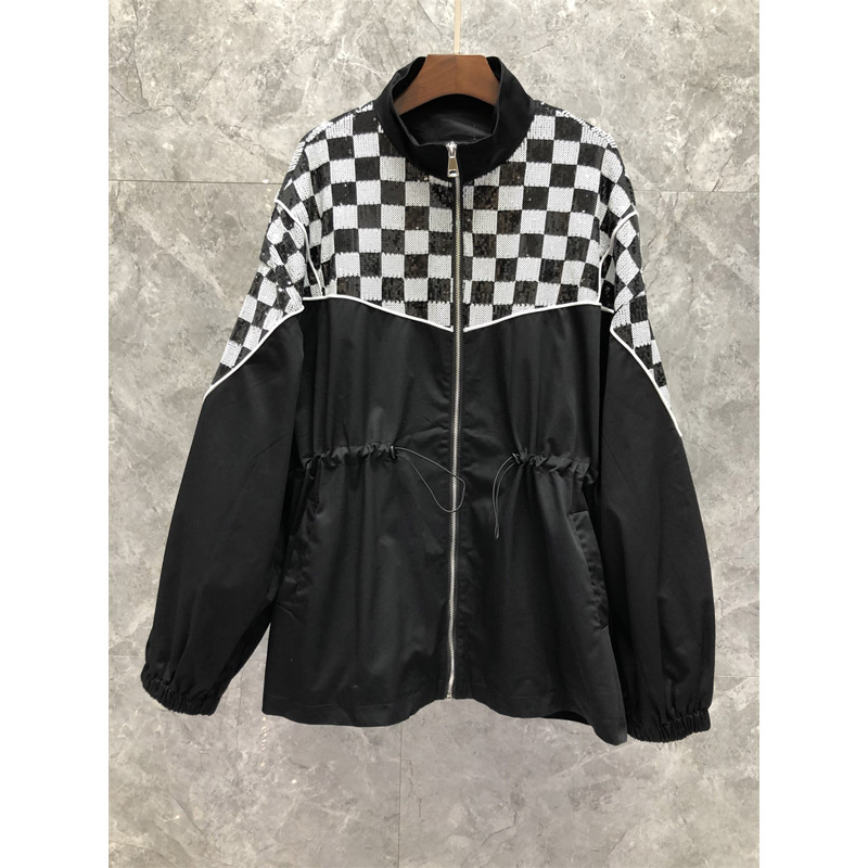 

Xiaozi Western High Collar Pleating Design Loose Plaid Sweater Womens Clothing European Goods Autumn New Mid-Length Top 9U, Black plaid