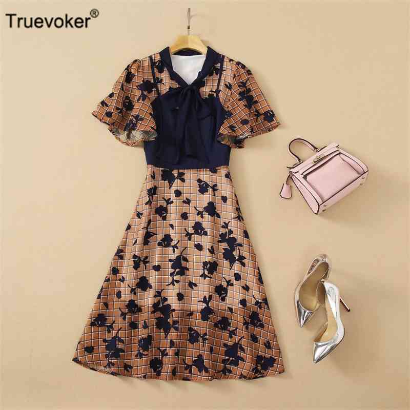 

Truevoker Women Flare Sleeves Vintage Floral Print Khaki Elegant Mid Calf Length Lady Dress 210602