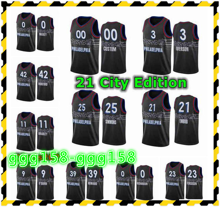

2021 Mens Pressing Customized Basketball Jersey 3 Iverson 25 Simmons 21 Embiid 11 Bradley 39 Howard 23 Ferguson 0 Maxey 42 Horford