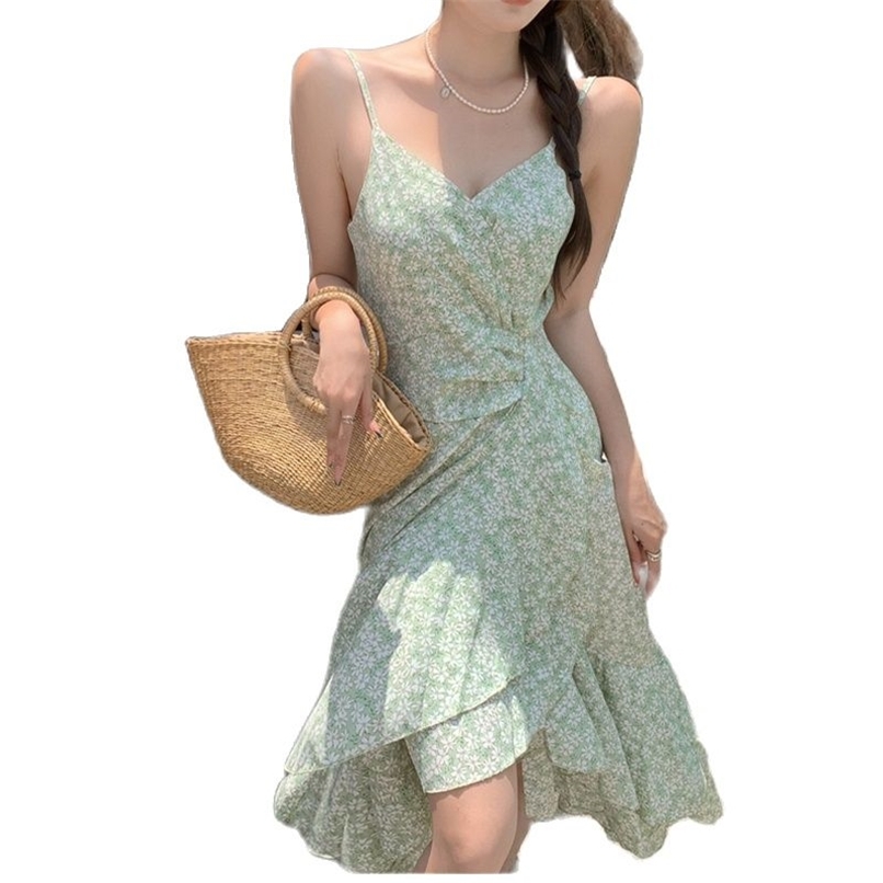 

White elegant dress women irregular split ruffled backless suspender skirt summer and Korean fashion women's clothing 210520, Green
