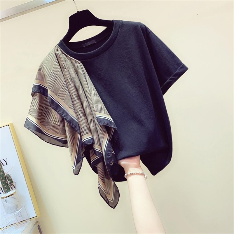 

Women's Short Sleeves Scarves Patchwork Cotton T-Shirt Summer Tee Girls Pullover Casual Tops Tees A2608 210519, White