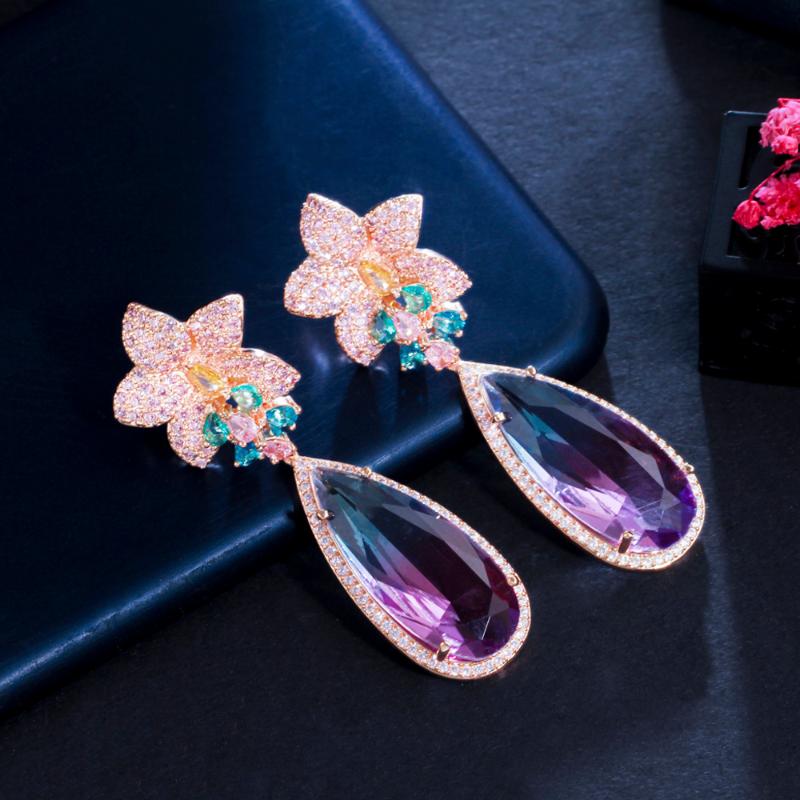 

Dangle & Chandelier ThreeGraces Luxury Rainbow Cubic Zirconia Gold Color Long Flower Earrings For Women Bridal Wedding Party Jewelry ER699, Silver