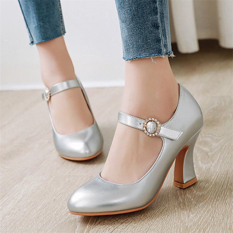 

Dress Shoes Women Mary Jane High Heels Elegant Ladies Block Heel Pumps Brand Designer Office Wedding Silver Gold, Black