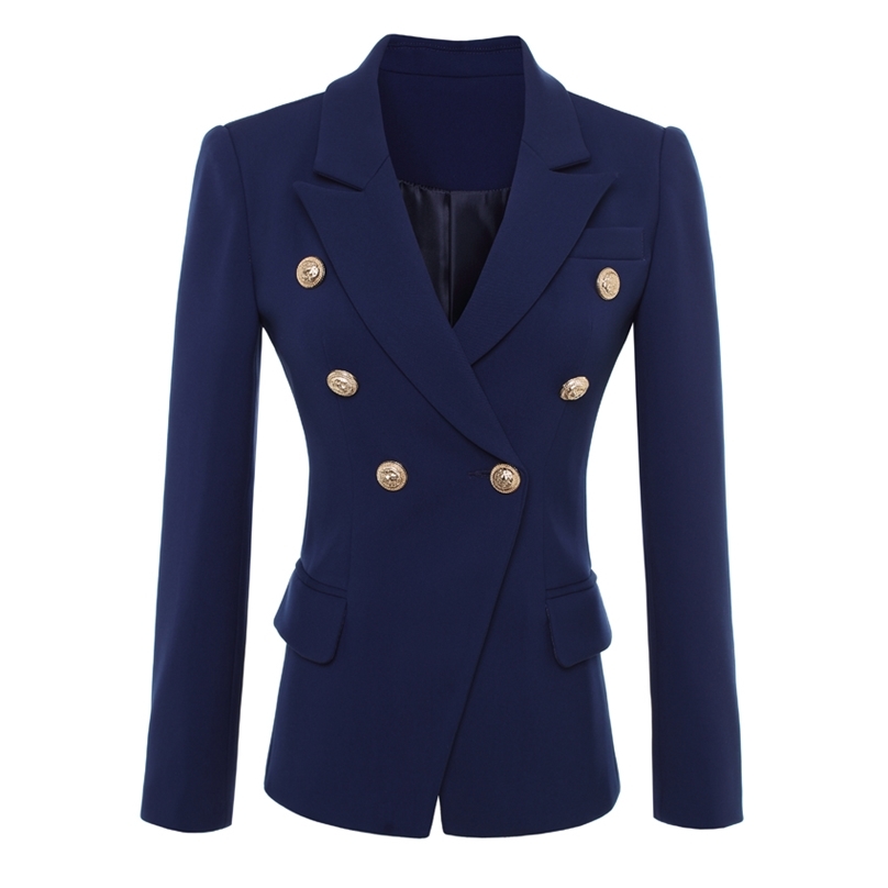

HIGH QUALITY Fashion Designer Blazer Jacket Women's Gold Buttons Navy Blue Double Breasted Outerwear size S-4XL 211006, Dark blue