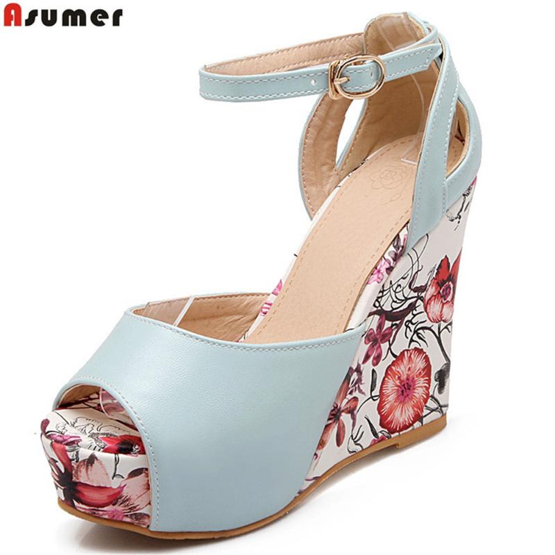 

Blue Pink White Fashion Summer Shoes Peep Toe Buckle Casual Ladies Platform Wedges High Heels Woman Sandals, Black
