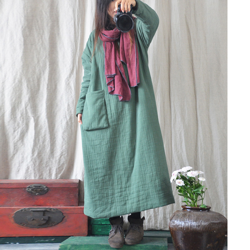 

Johnature Women Autumn Dresses Solid Color V-Neck Long Sleeve Loose Warm Robes Female Cotton Vintage Pockets Dress 210521, Green