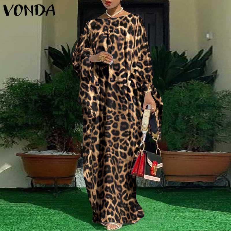 

Casual Dresses Women Kaftan Dress 2021 VONDA Vintage Leopard Printed Party Long Maxi Sleeve Pleated Vestido Oversized Robe, Gray