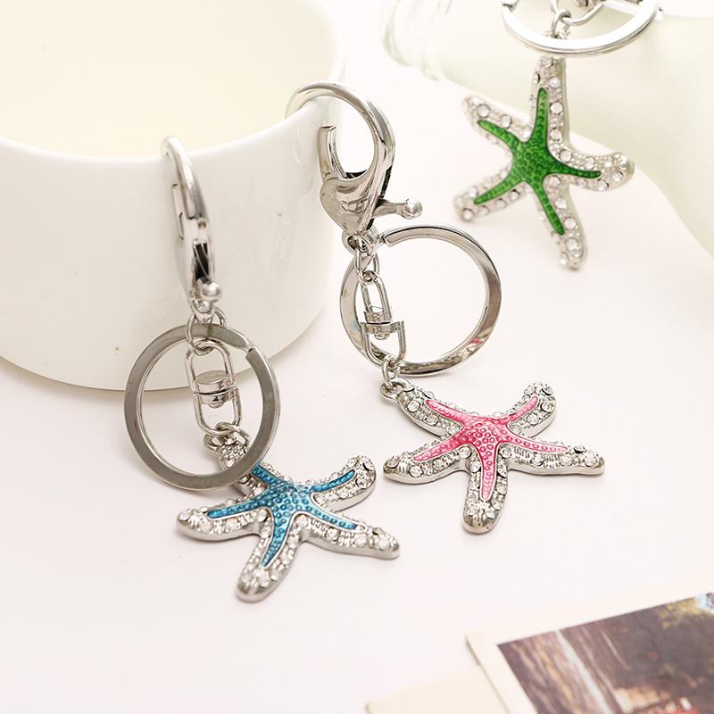 

Keychains 2021 Fashion Color Rhinestone Cute Drip Oil Starfish Metal Bag Wallet Keychain