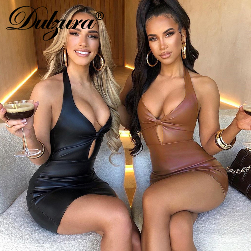 

2021 summer women hollow out faux leather halter mini dress backless bodycon streetwear party club festival, Black;gray