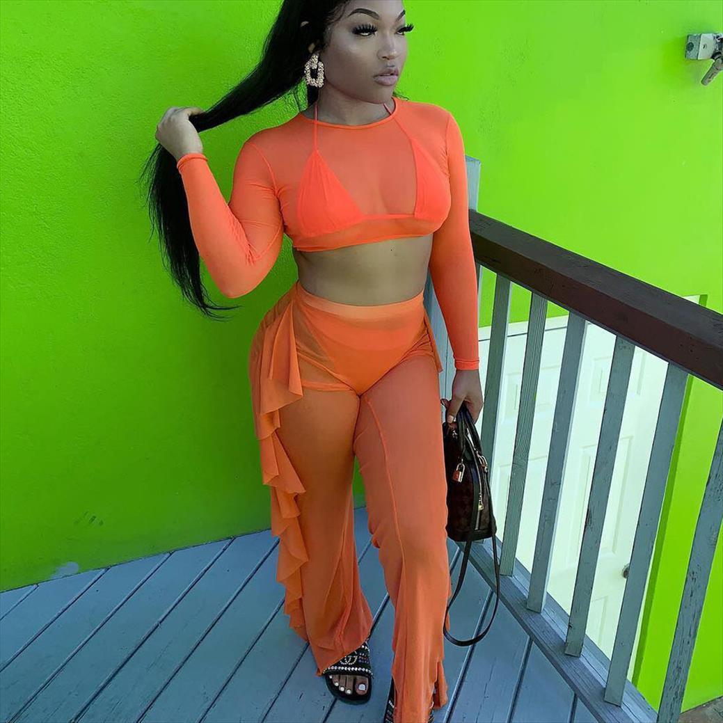 

perspective mesh sheer 2 piece women tracksuits sets outfits crop and ruffles pants matching club birthday, Gray