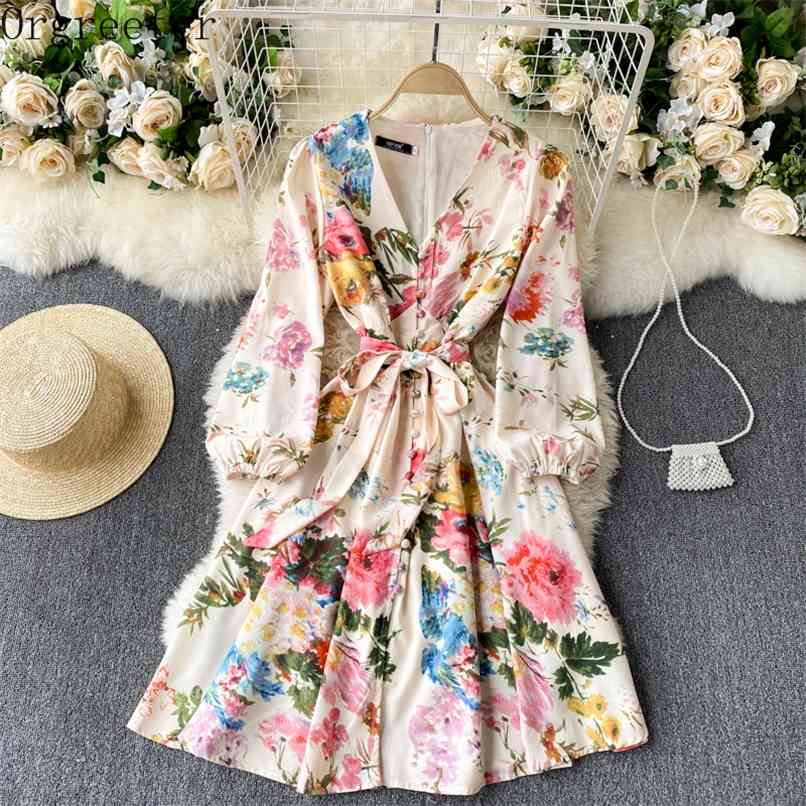 

Spring Fashion Knee-length Dress Women's Elegant Floral Printted Single-breasted V-Neck Split Vintage 210602, Beige