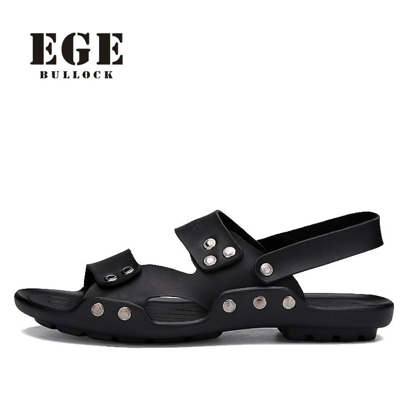 

Sandals Men Beach Shoes EGE Brand Genuine Leather Handmade No-Slip Casual Leisure Male Flat Black Sole Summer For