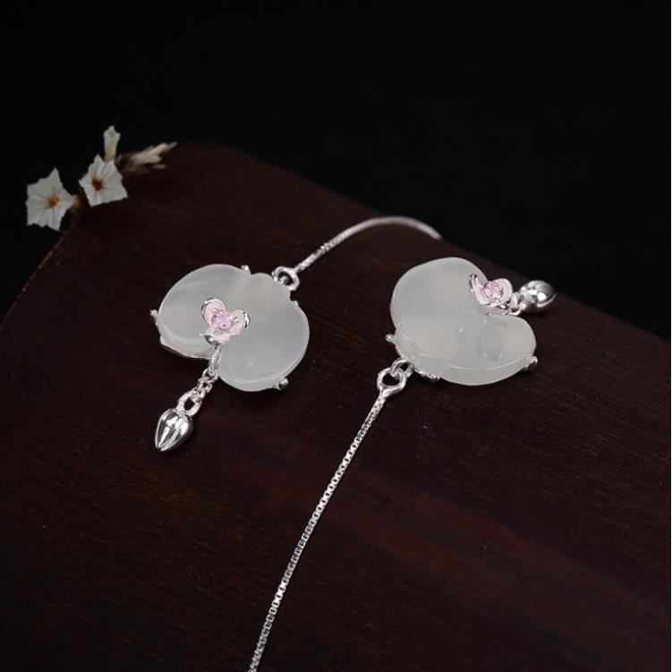 

Dangle & Chandelier Original Design Natural Hetian White Jade Petal Tassel Earrings Chinese Retro Fresh And Elegant Charm Women's Silver Jew