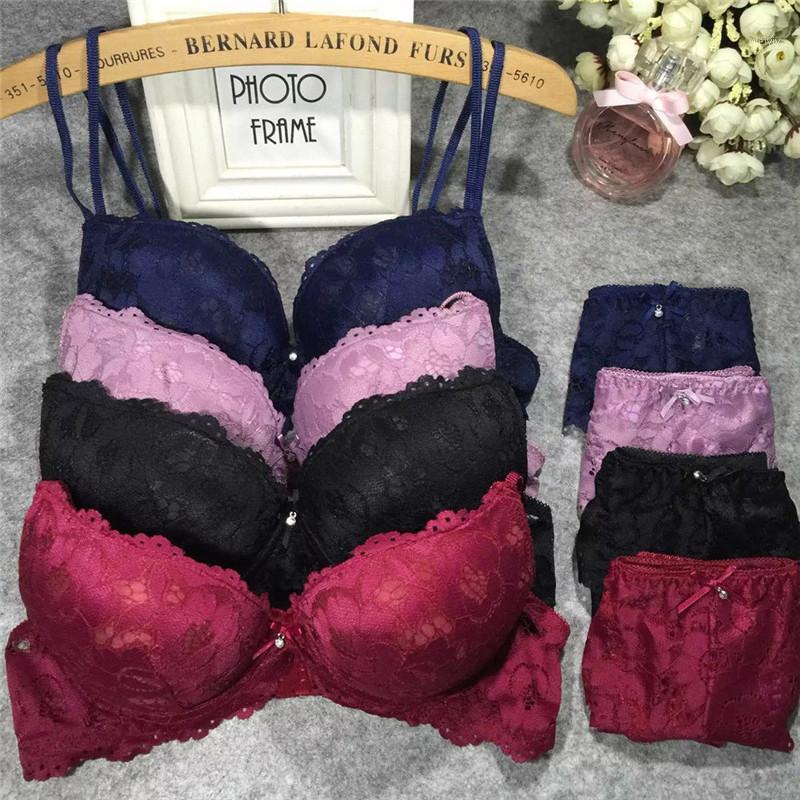 

Bras Sets Sexy 1 Pairs Women's Lace Bra Set Fashion Flower Padded Push Up Lingerie Female Solid Color Underwear, As photo show