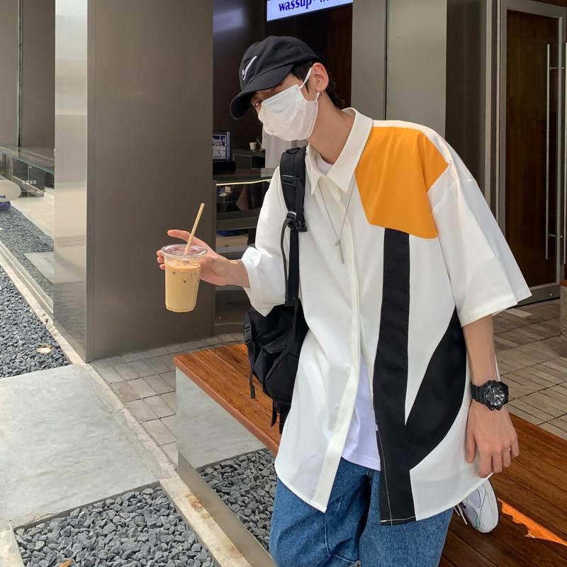 

Men's Casual Shirts 2021 Summer Hong Kong Style Large Size Splicing Short Sleeve Shirt Silk Cloth Tops Mens Clothing Button Up, White