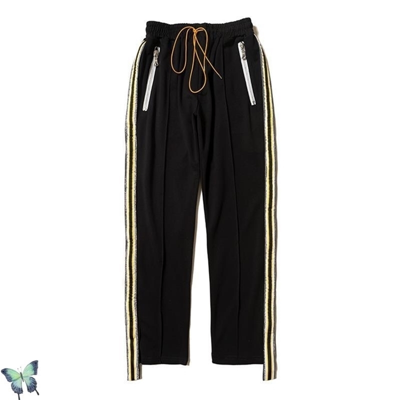 

Autumn Winter RHUDE Side Band Zipper Pocket Drawstring Casual Trousers Men Women Loose High Quality Sweatpants Pants 210420, Black
