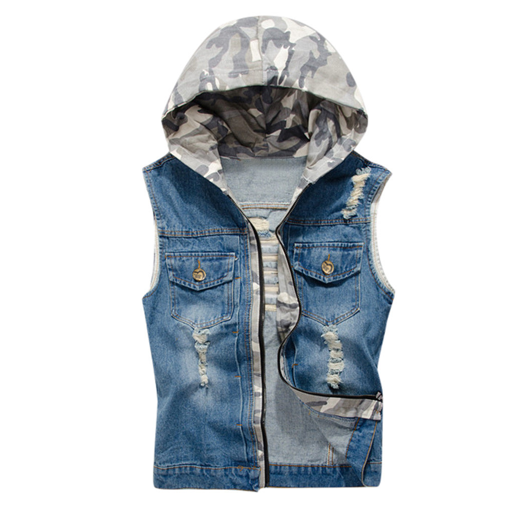

Men's Vests Mens Denim Vest Men Cowboy Sleeveless Hooded Removing cap blue FD9M