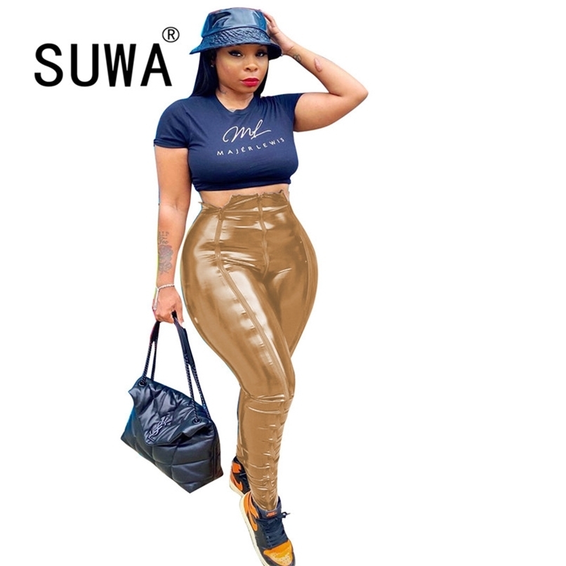 

Solid Color PU Leather Trousers Women High Waisted Pants Office Wear Elegant Evening Party Club Skinny Pencil Legging Free Ship 210525, Khaki