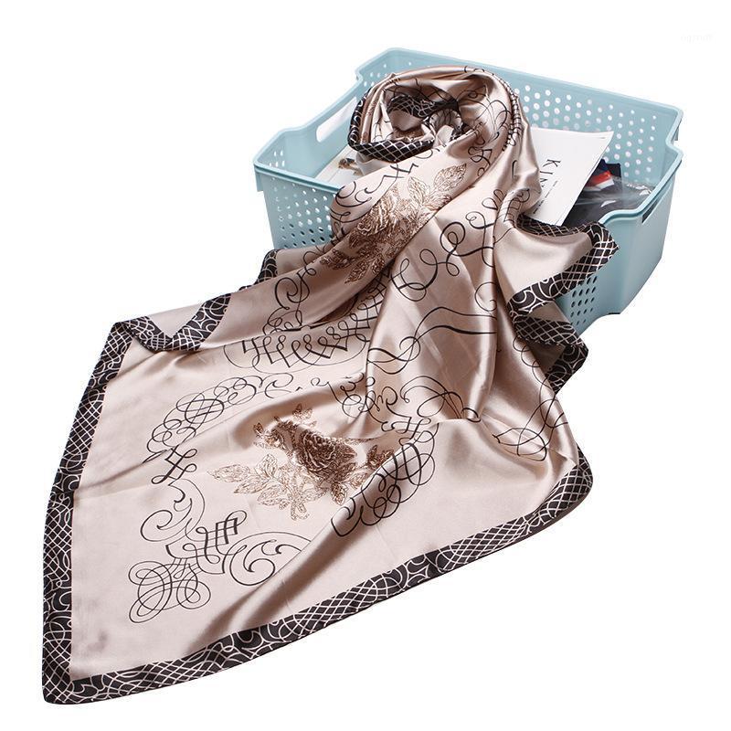 

Scarves 90*90cm 2021 Summer Women Silk Scarf Vintage Line Prints Satin Big Square Wraps Colors Shawl Head Hijab, Blue;gray
