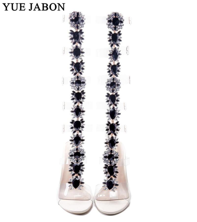 

Pvc Transparent Gladiator Sandal Boots Woman Open Toe T-strap Rhinestone Clear High Heel Shoes Women Summer Long Sandals, Black