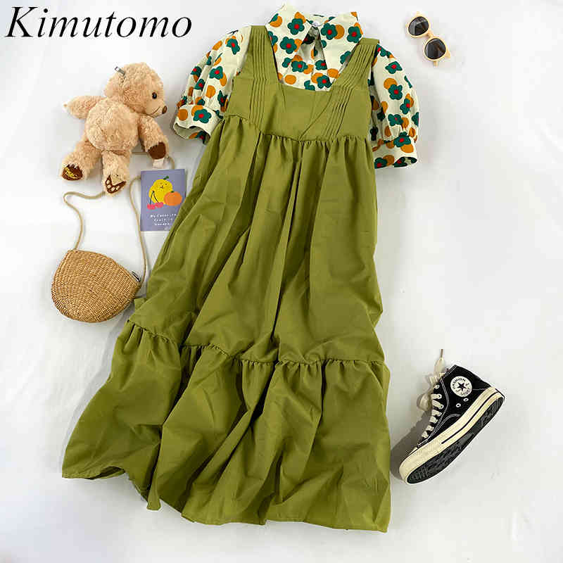 

Kimutomo Korean Women Suit Spring Color Contrast Short Sleeve Floral Print Shirt + Long Ruffles Solid Strap Dress Two Piece 210521