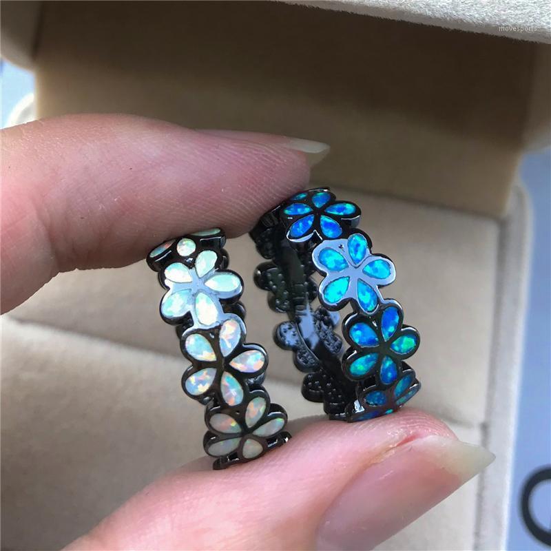 

Wedding Rings Trendy Female Blue White Opal Ring Classic 14KT Black Gold Luxury Bride Flower Thin Engagement For Women1