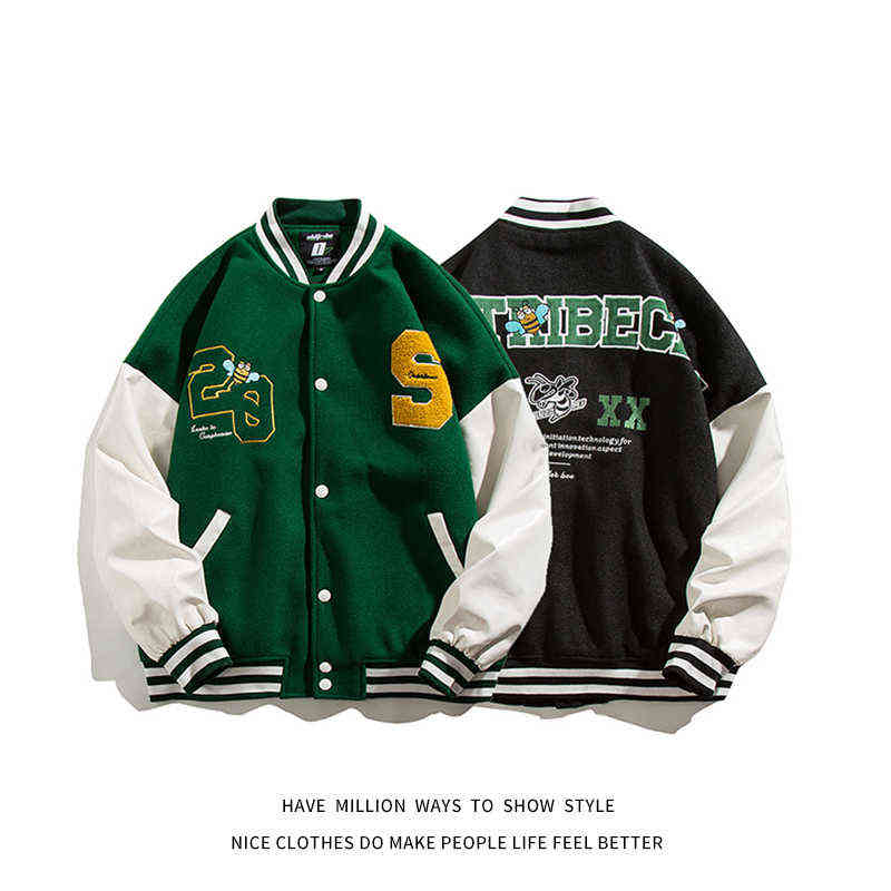 

2021 New Autumn Embroid Letterman Baseball Jacket Men's Bomber Coat Unisex Women's Varsity Stadium Award Jacket Casual Street G1231, Green