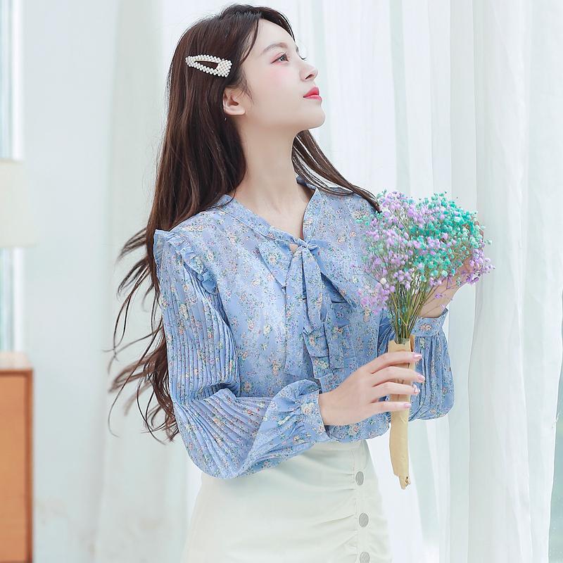 

Women's Blouses & Shirts Ruffled Lace Chiffon Shirt Long-sleeved 2021 Korean Version Of The Sweet V-neck All-match Floral Small, White