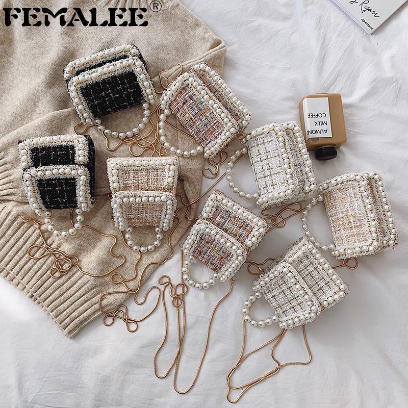 

LVLOUISVITTON VUTTON Weaving Luxury Crossbody For Women Winter Tweed Woolen Tote Pearls Bag Small Designer Handbags Chains F yMf, Black