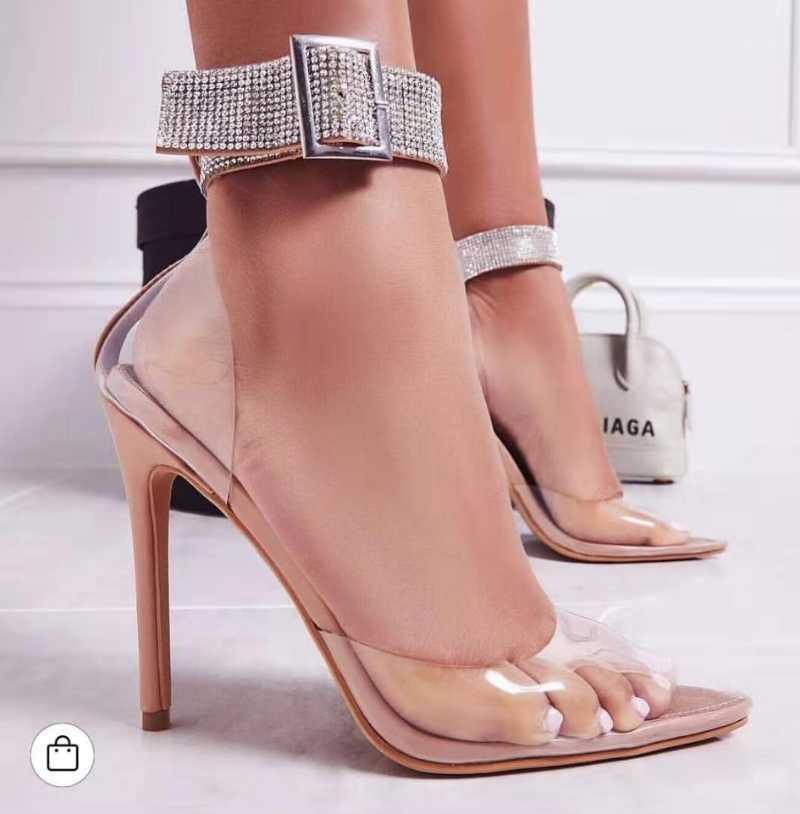 

Summer Sexy Wedding Clear PVC Pumps Women's High Heels Buckle Bling Transparent Fashion Diamond Ladies Shoes Dress Party Sandals, As picture