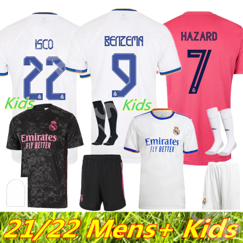 

MEN Kids +Socks Real Madrid Soccer Jersey Fourth 20 21  HAZARD ASENSIO SERGIO RAMOS ALABA MODRIC MARCELO Camiseta 2021 2022 VINI JR BENZEMA Player Football Shirts, Colour 2