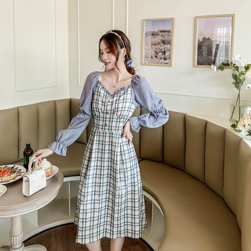

Casual Dresses Back plaid autumn clothes 2021 luxury female light French ladies square collar long sleeve midi temperament skirt, Blue