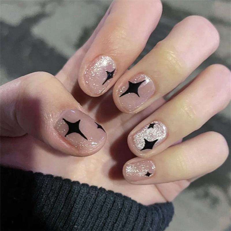 

False Nails 24pcs Short Round/Square Head With Designs Artificial Fake Press On Manicure Tool Nail Art Tips, Red;gold