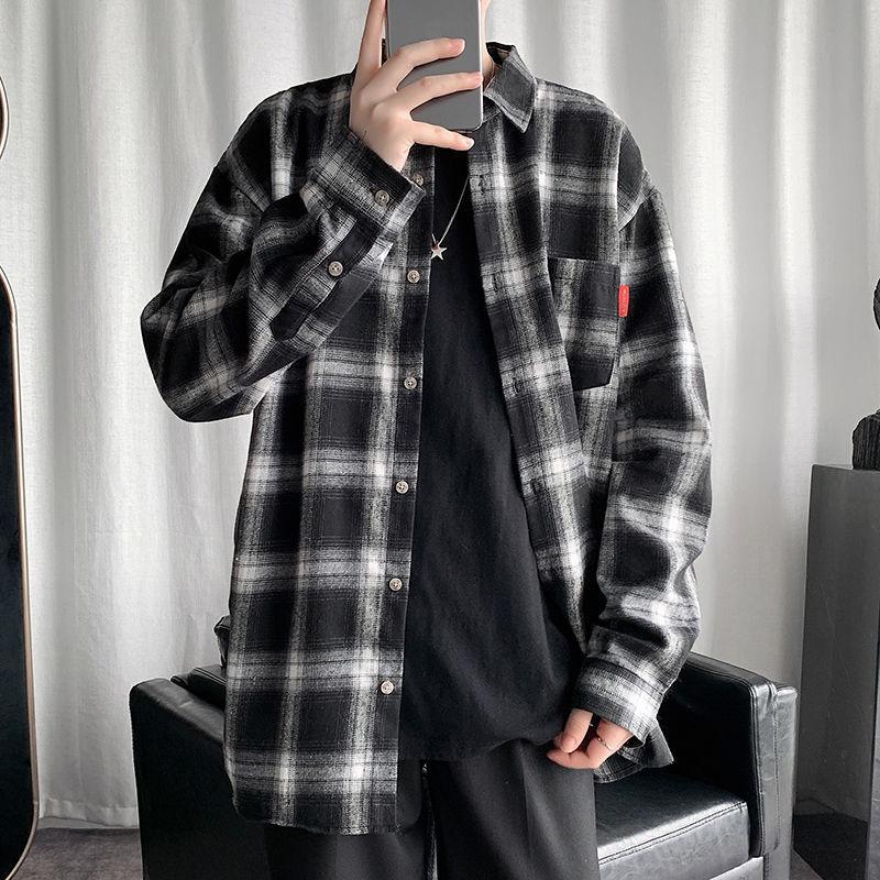 

Men's Casual Shirts Shirt 2021 Shopping Spring And Autumn MEN Plaid Fashion White Black Red Mens Loose Long Sleeves, As picture color
